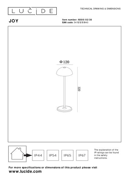 Lucide JOY - Lámpara de mesa Recargable Dentro/Fuera - Batería/acumulador - Ø 12 cm - LED Regul. - 1x1,5W 3000K - IP54 - Negro - técnico